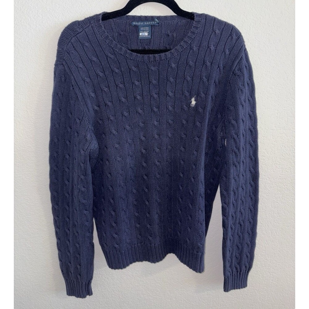 Ralph Lauren Unisex Blue Cotton Cable-Knit Crewneck Pullover Logo Sweater XL